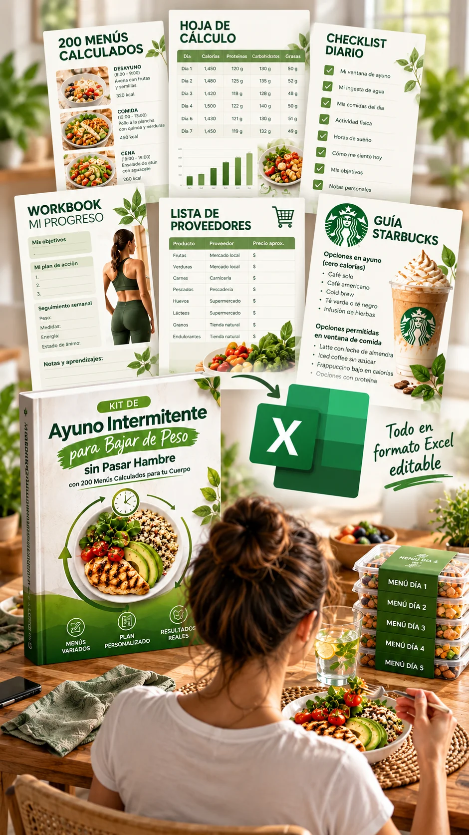 Kit de Ayuno Intermitente para Bajar de Peso sin Pasar Hambre con 200 Menús Calculados para tu Cuerpo: guía, hojas de cálculo en Excel, menús del día y meal prep